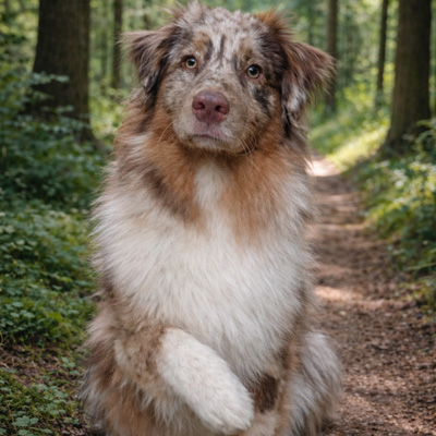 Berger-Australien-femelle-Yala-rouge-merle-yeux-Ambre-minimal-white-Seine-Normandie Berger Australien rouge merle minimal white - Normandie - élevage Chez Mage