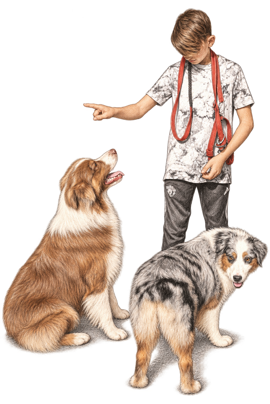Niel avec Nando, Berger Australien rouge tricolore, et Mage, Berger Australien bleu merle